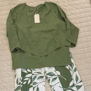 Elegant Green Leaf Print Women's Pantsuit